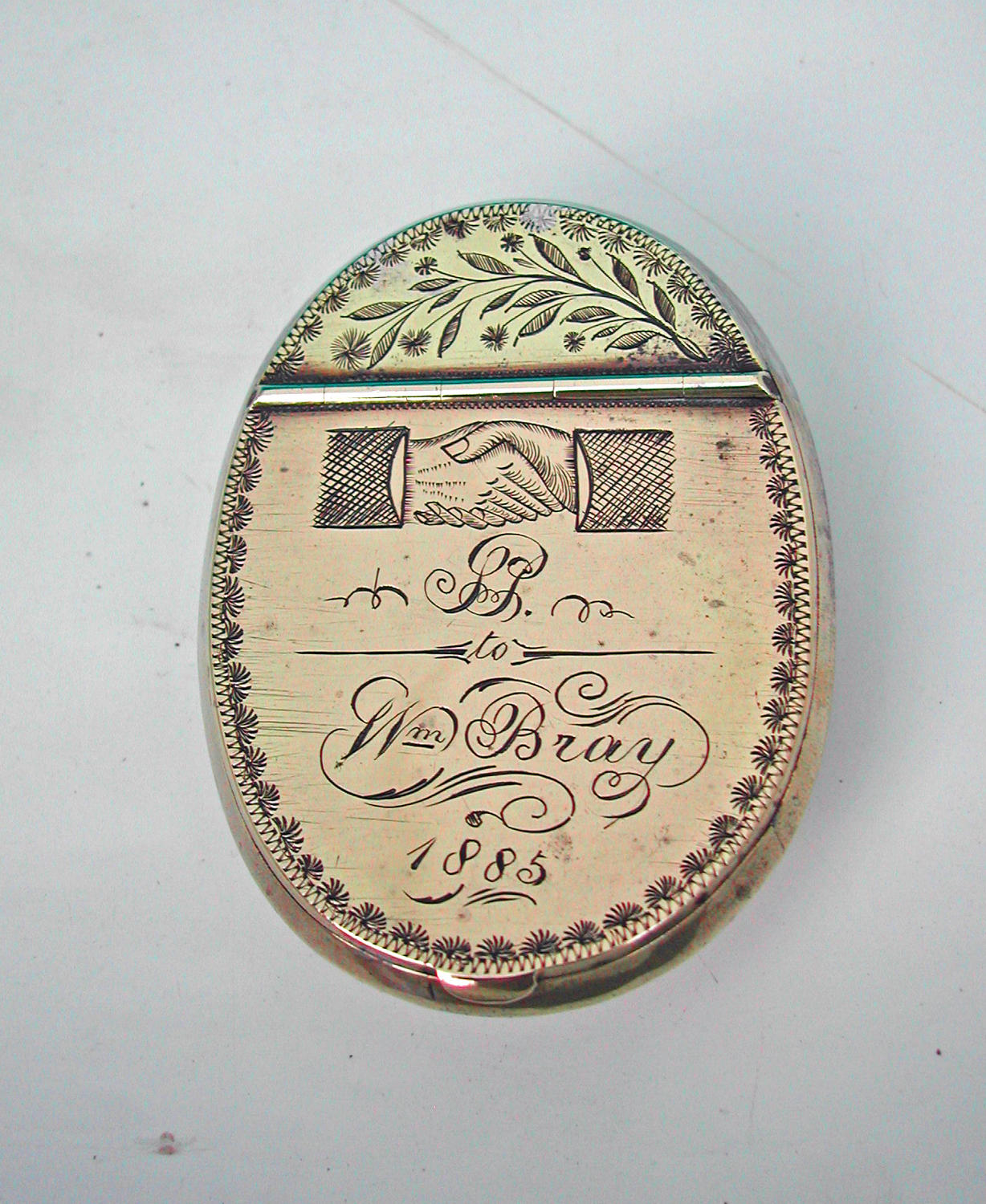 Antique Metalware 19thc Brass Snuff Box .   English.  Dated 1885