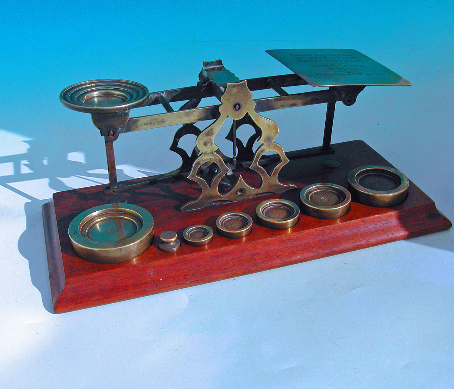 Antique 19thc Mordan Brass Postal Scales stamped India & Commonwealth