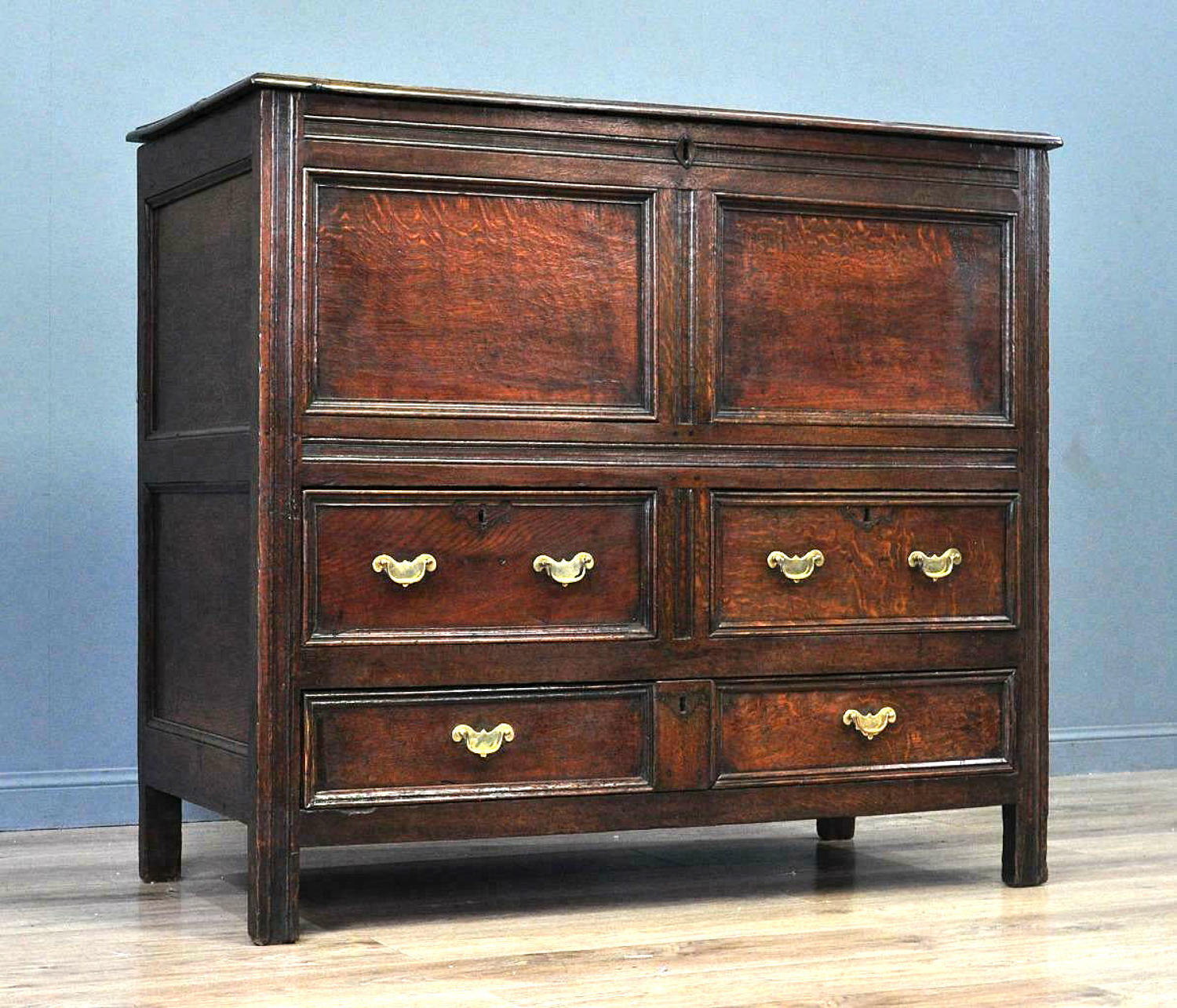 Antique 18thc Oak Joined Lidded Chest With Drawers. English. C1740-60.