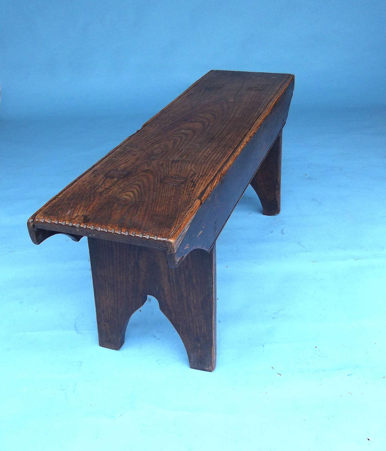 Early Furniture 19thc Ash Bench With Shaped End And Boarded Side C1800