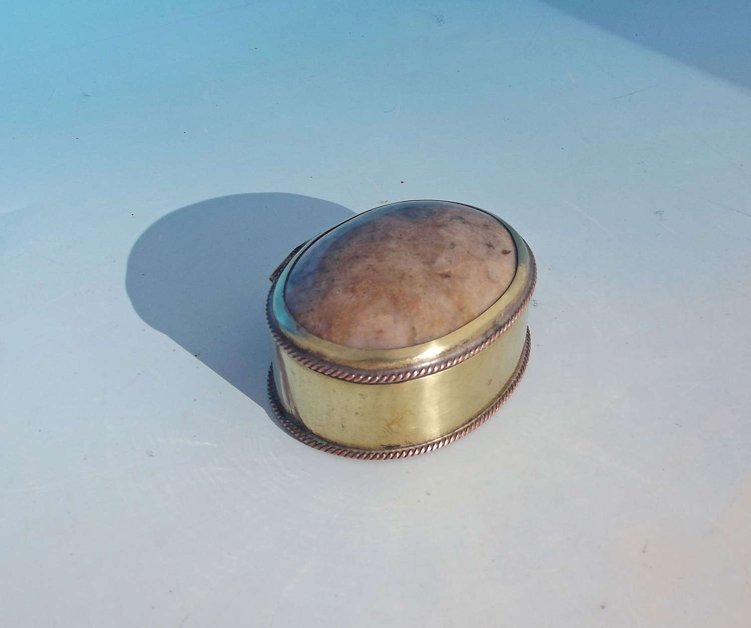19thc Brass Snuff Box With Inset Stone to The Lid.  English. C1860-80.