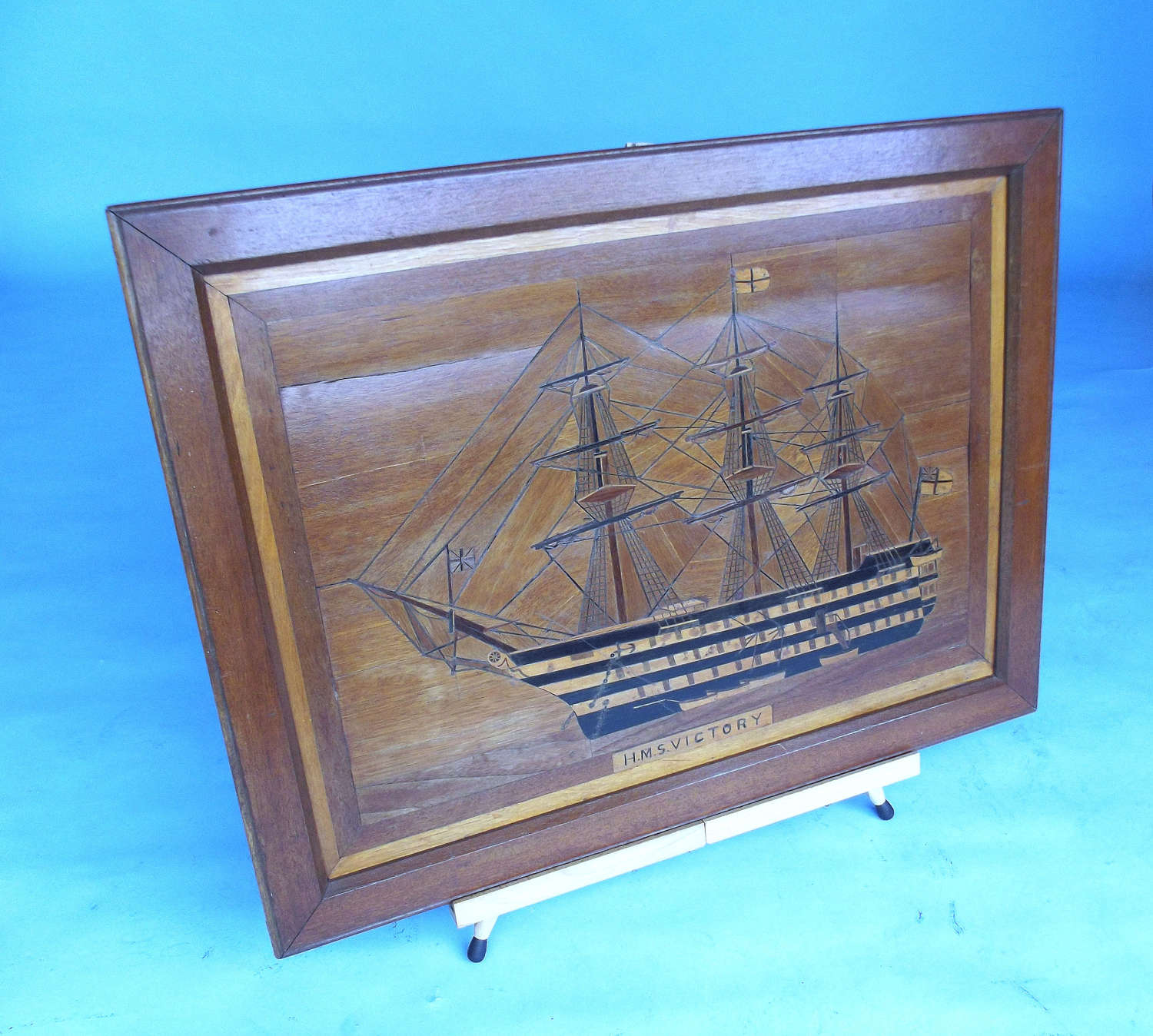Antique 19thc Marquetry Picture Of Nelson's Flagship HMS Victory.