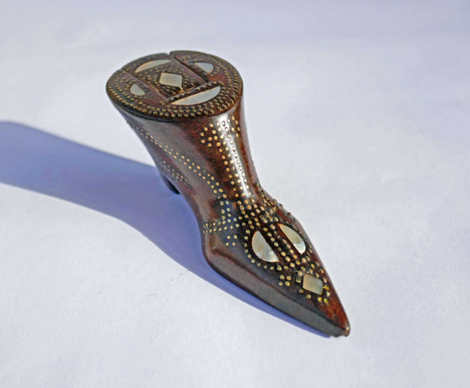 Antique Treen 19thc Mahogany Snuff Shoe Inlaid With Mother Of Pearl.