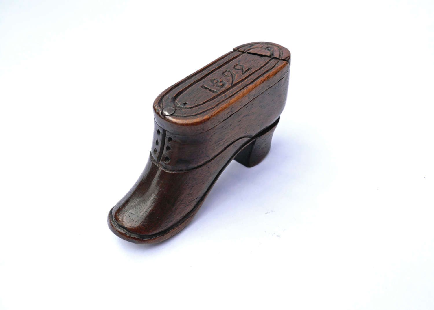Antique 19thc Fruitwood Boot Snuff Box Dated 1892.  Continental.