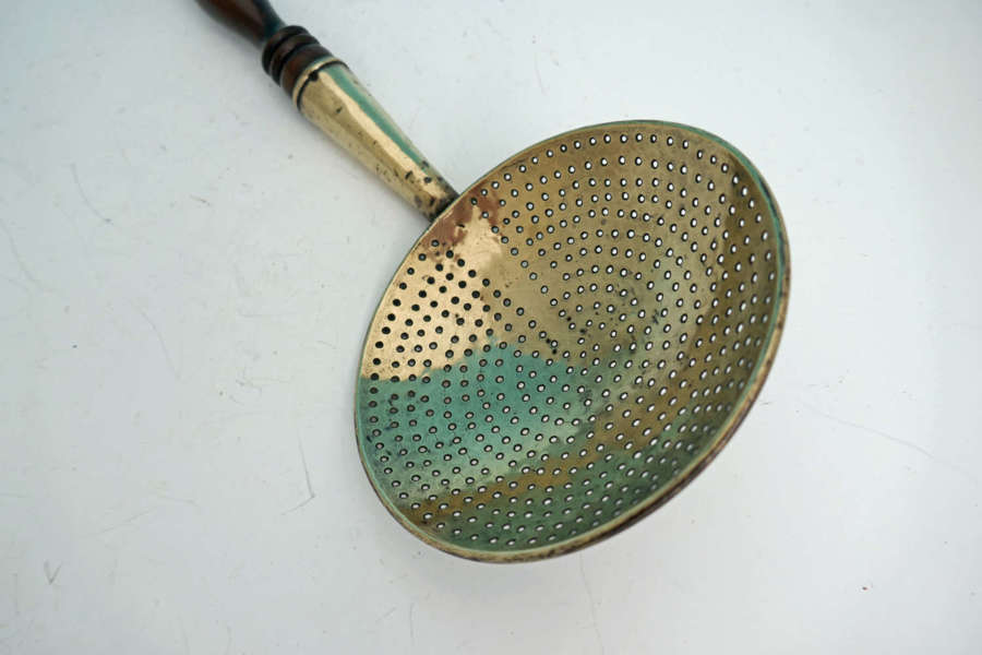Antique 19thc Metalware Brass Skimmer With Turned Fruitwood Handle.