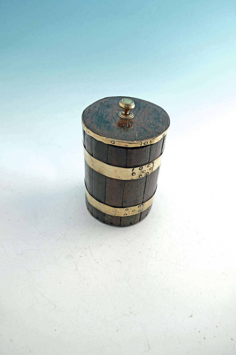 Early 19thc Treen Brass Bound Oak Staved Lidded Flour Barrel.  English