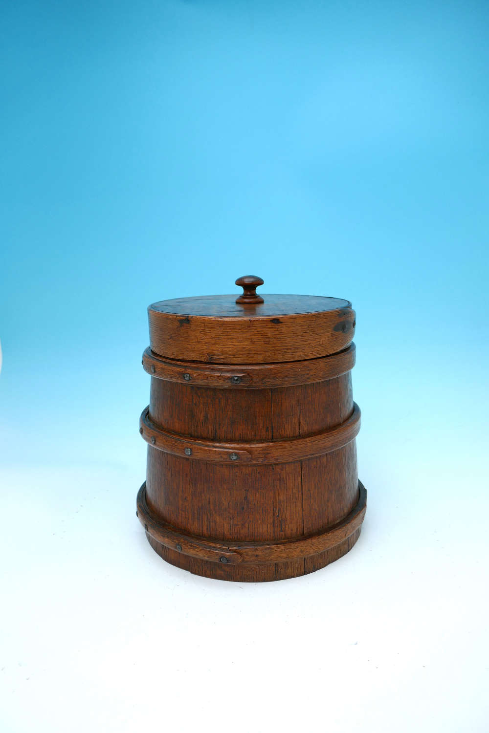 Antique Treen 19thc Oak Coopered  Lidded Flour Barrel. English C1840