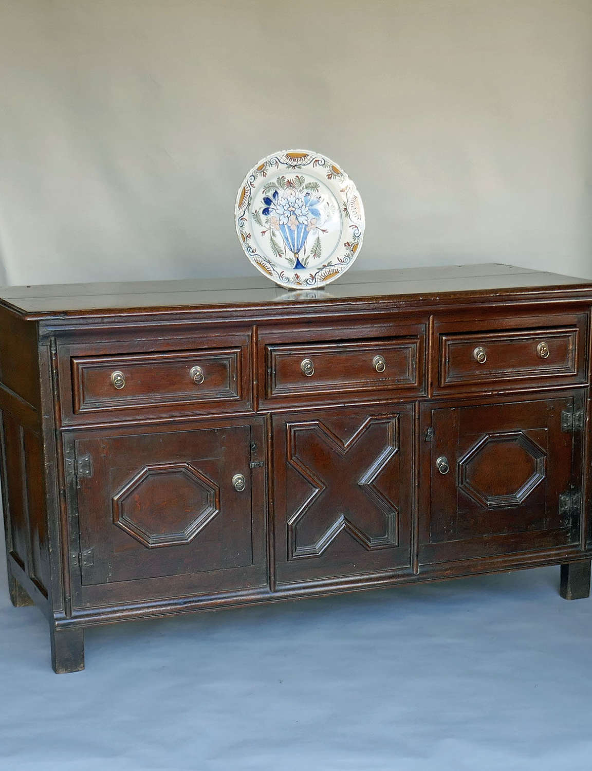 Antique 17thc Oak Furniture Dresser Base With Geometric Mouldings.