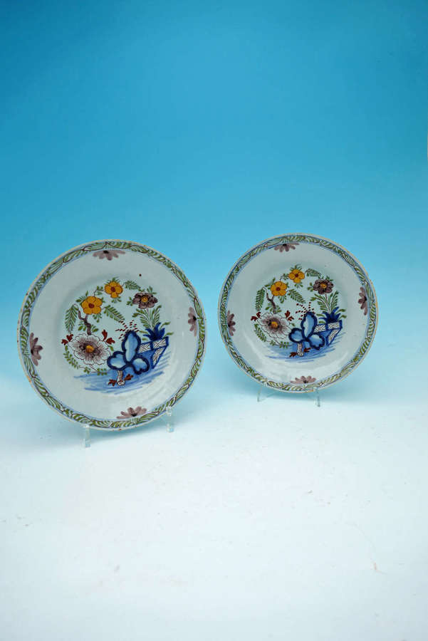 Antique 18thc Pottery Pair Of Delftware Polychrome Plates. Dutch C1770