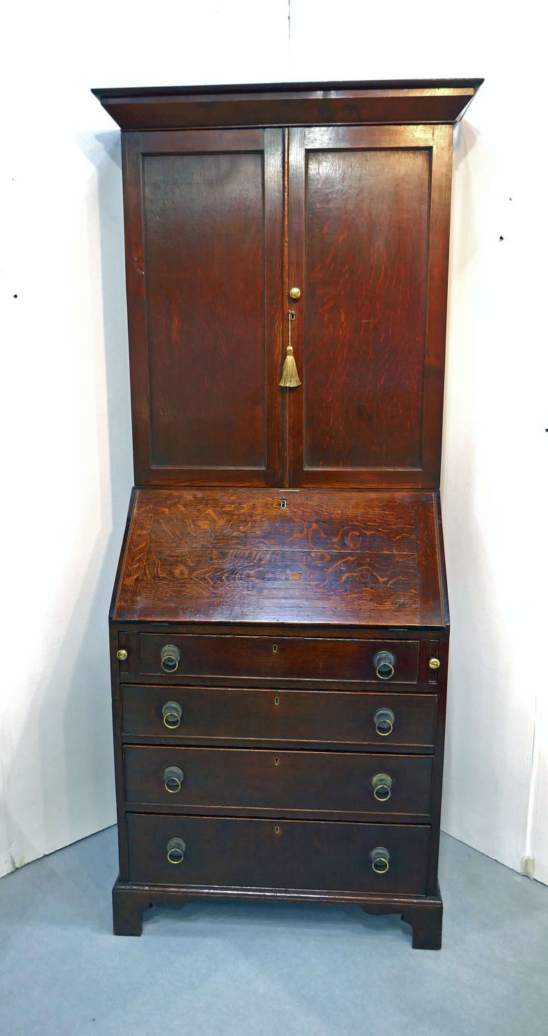 Antique 18thc Country Oak Furniture Bureau Bookcase Of Small Size.