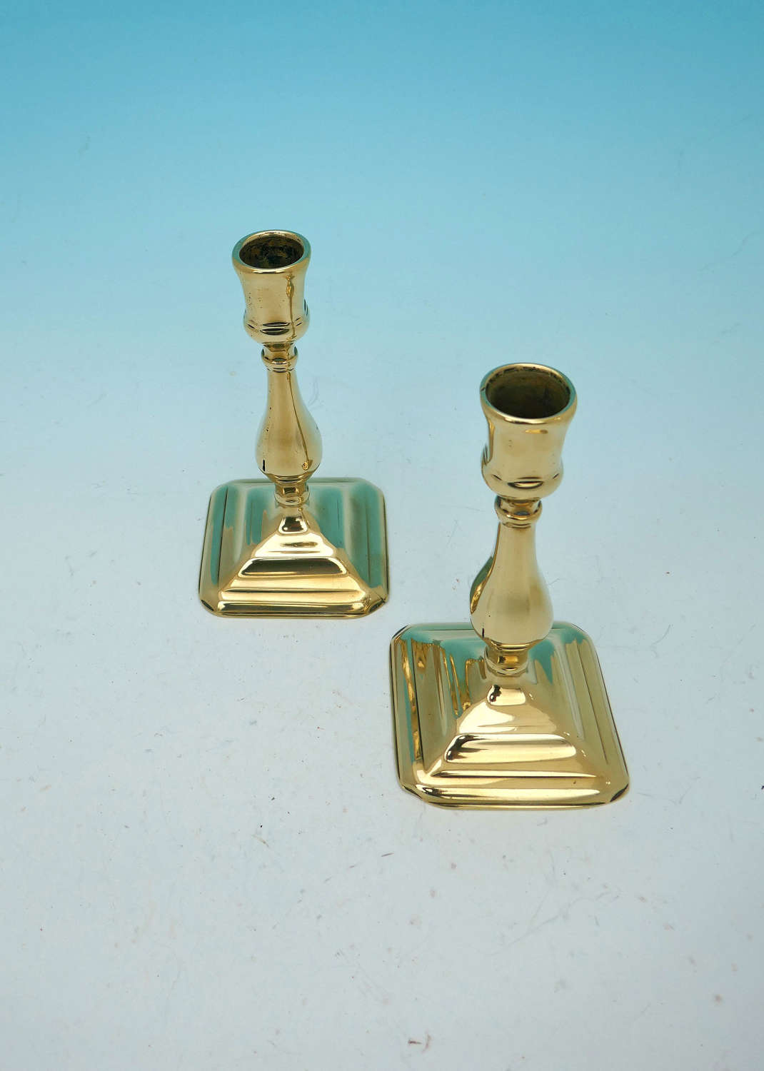Antique Pair Of 18thc Brass Queen Anne Seamed Candlesticks . English.