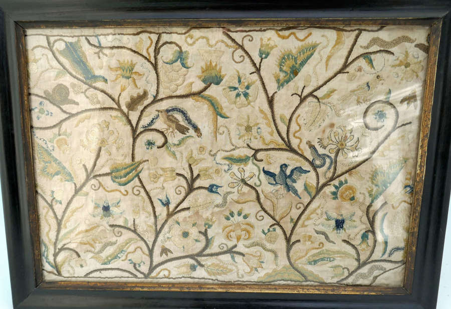 Antique 17thc Needlework On Fine Muslin With Flowers, Birds & Insects