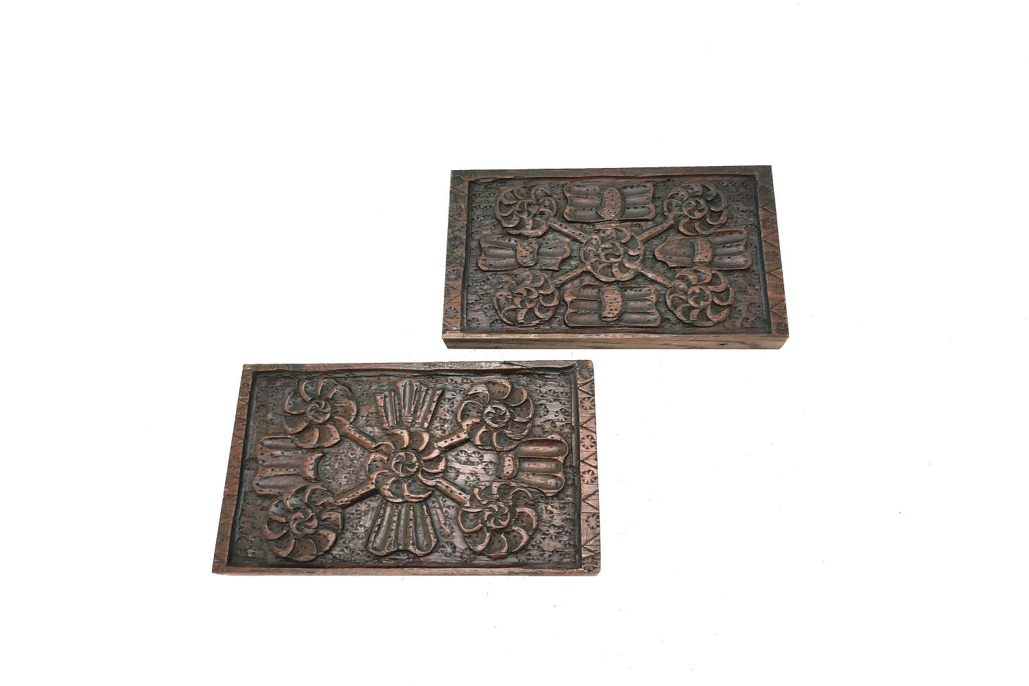 Antique Pair Of 17thc Oak Carved Panels With Floral Decoration. C1640