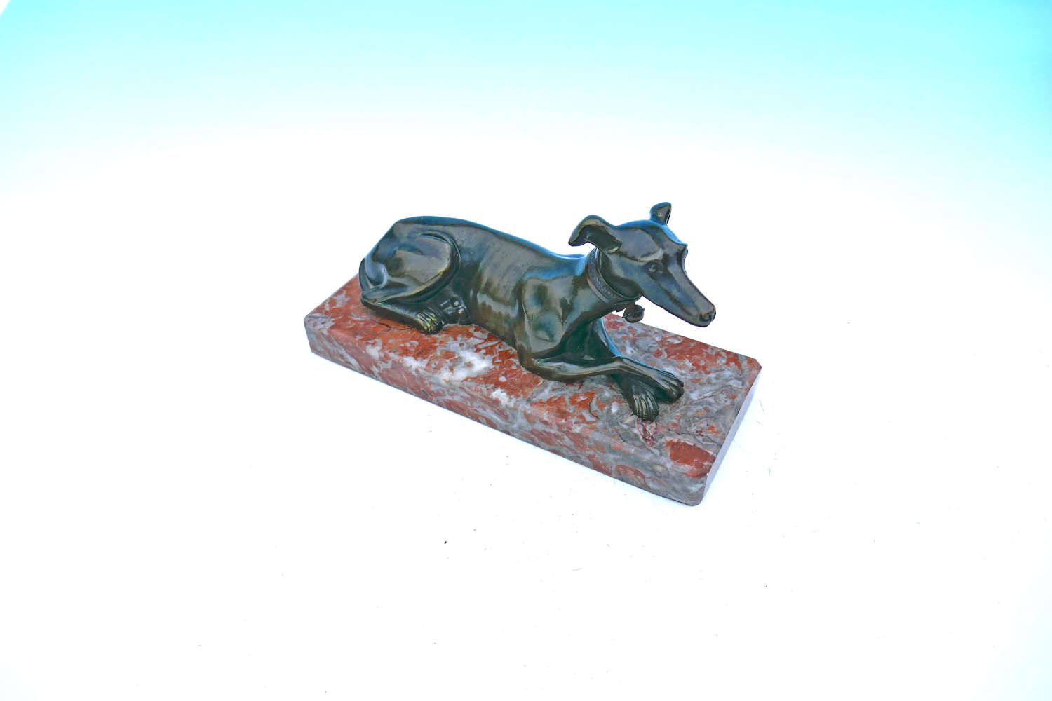 Antique 19thc Bronze Sculpture Of A Recumbent Greyhound. Continental