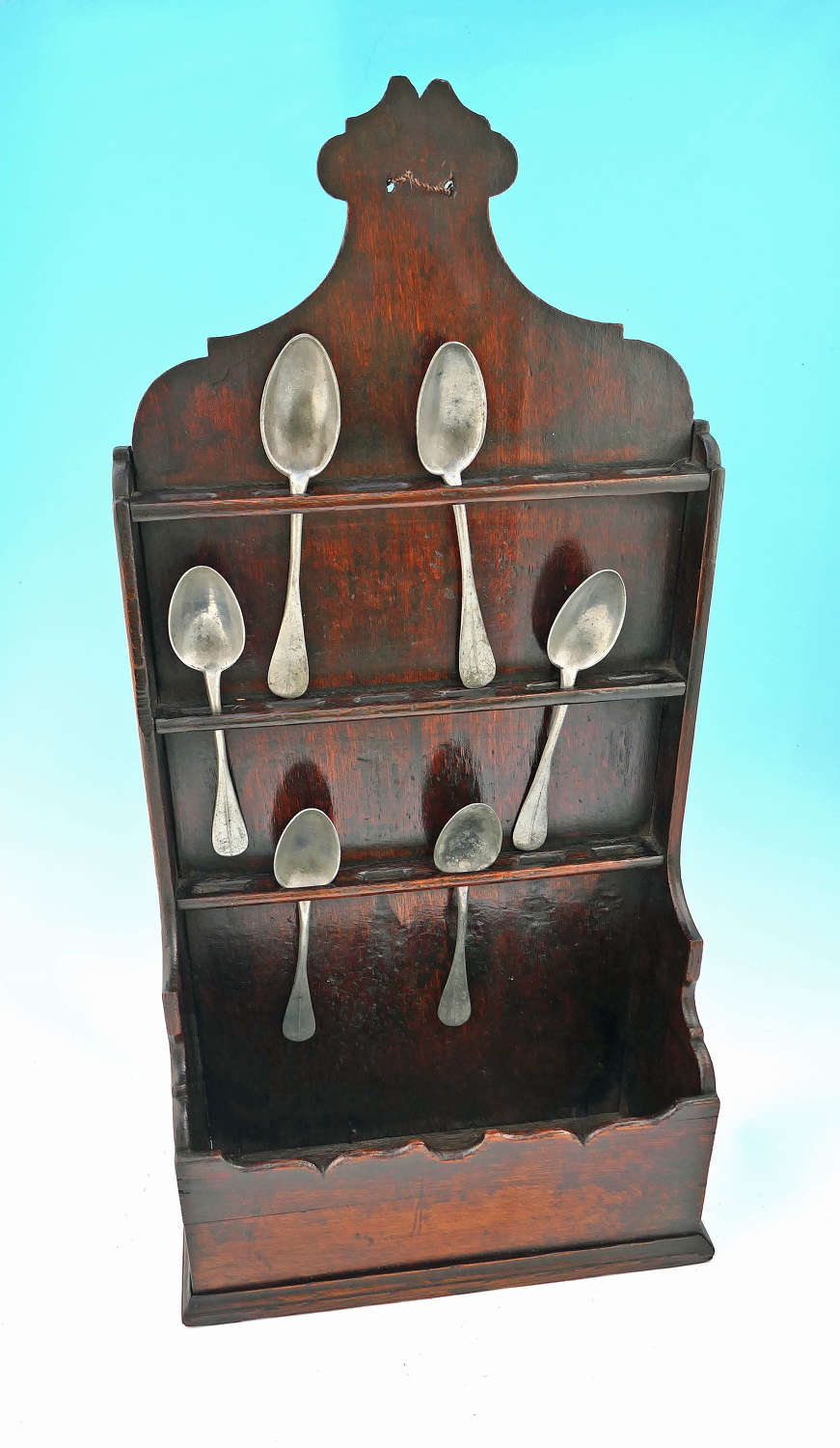 Antique Country Furniture 18thc Oak Shaped Spoon Rack & Pewter Spoons.