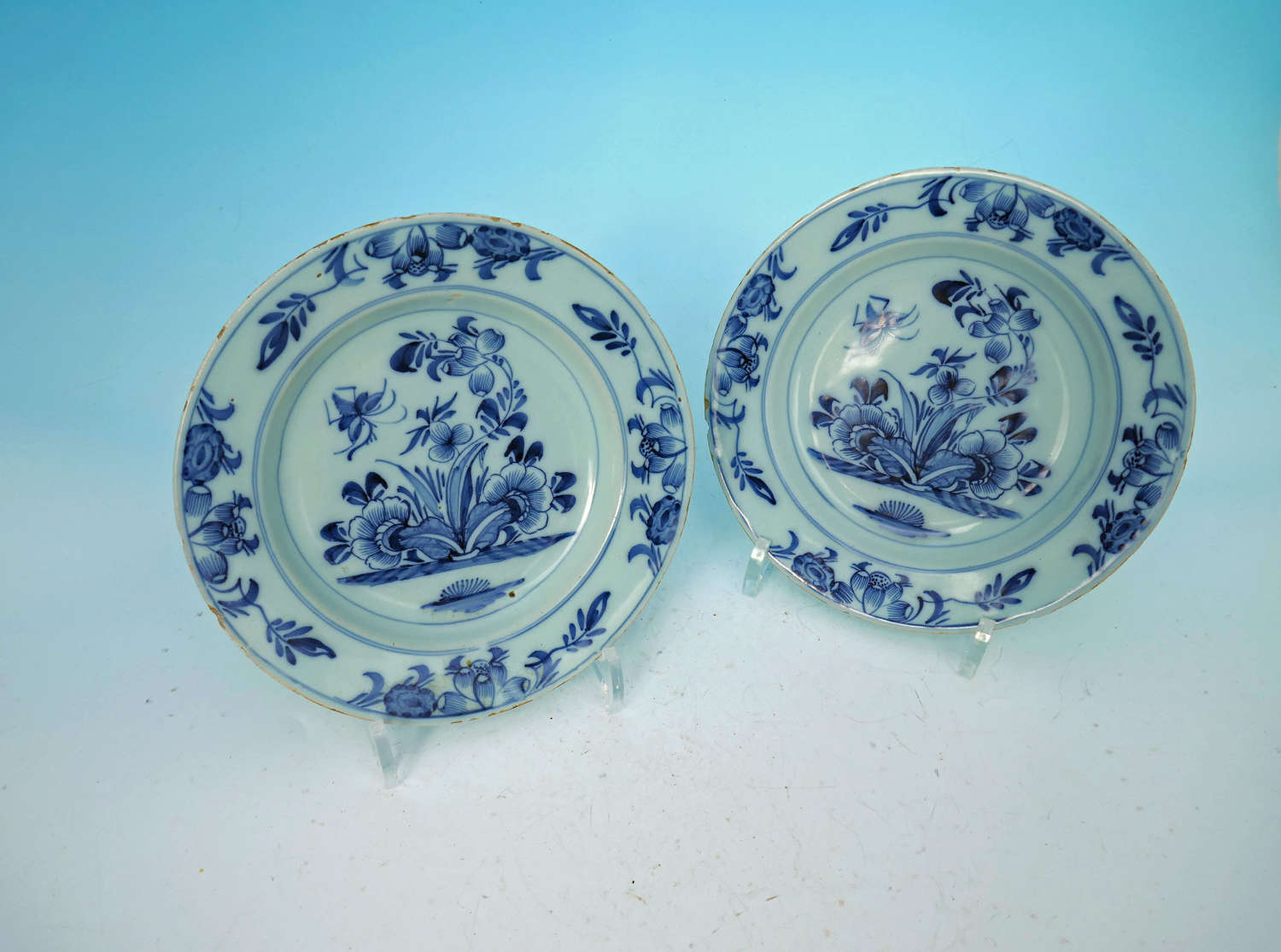 Antique Pair Of 18thc Pottery Delftware Blue & White Plates. English