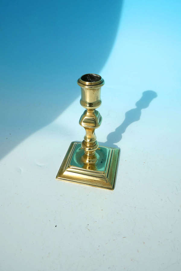 Antique Metalware 18thc Unusual Brass Square Based Candlestick.English