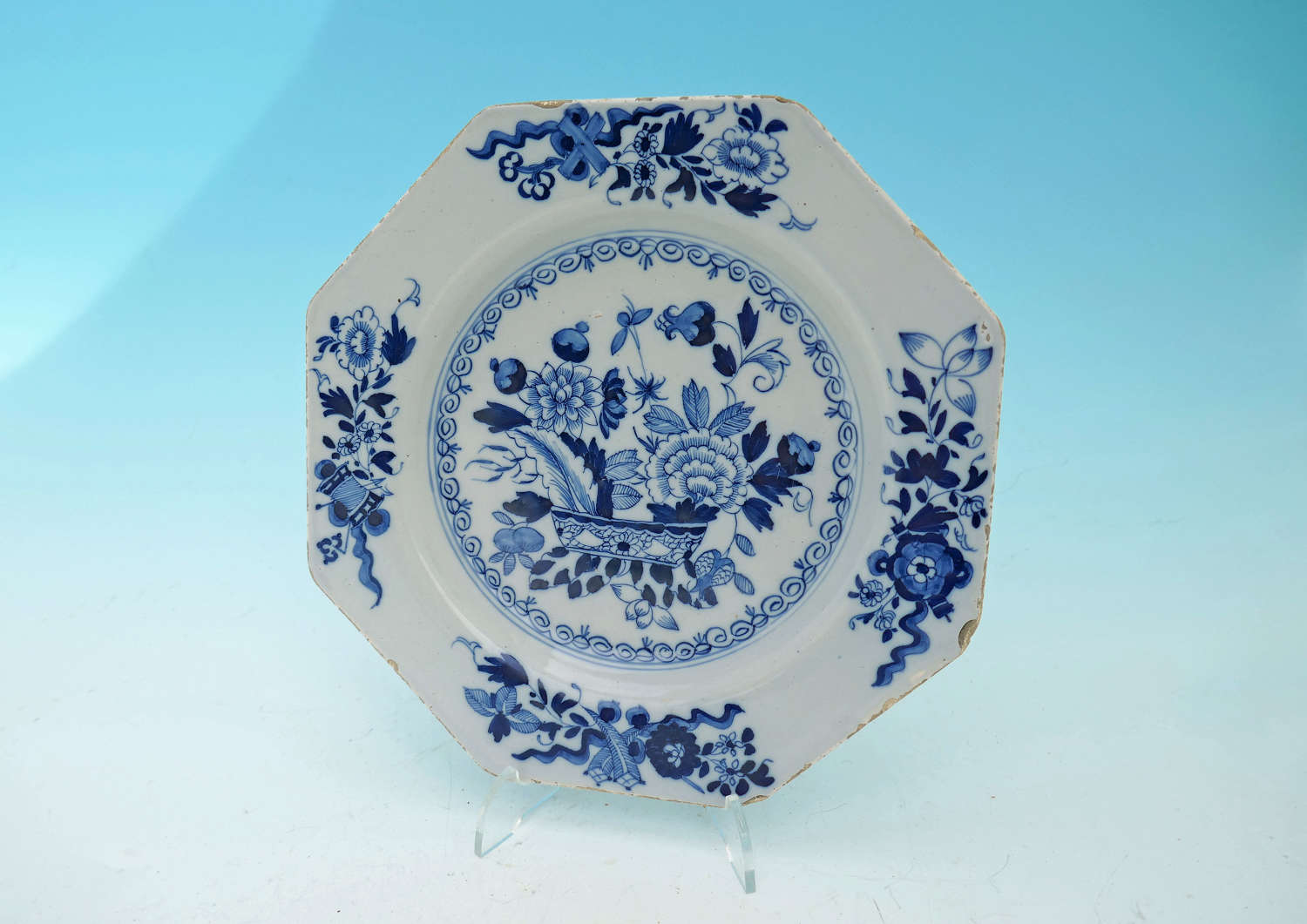 Antique 18thc Pottery Irish Octagonal Blue & White Delftware Plate.
