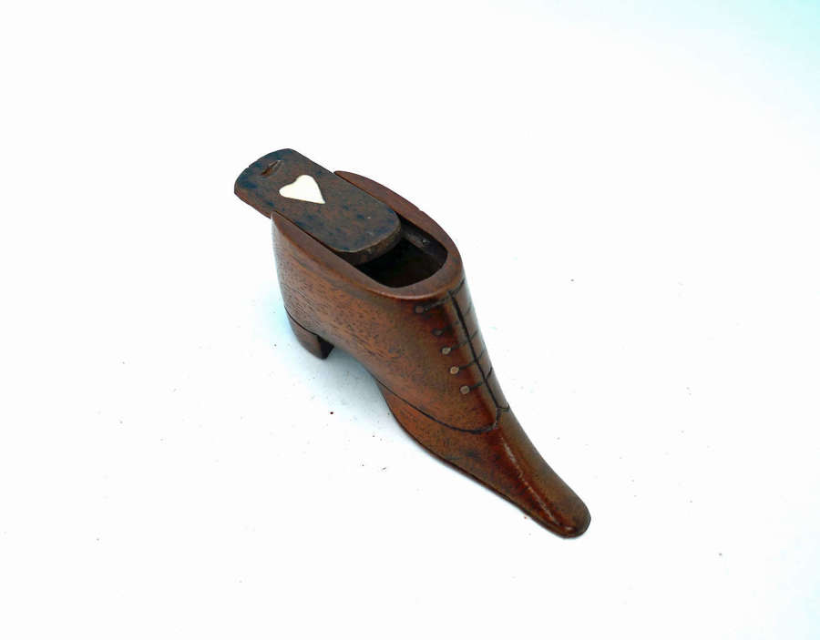 Antique Treen 19thc Fruitwood Snuff Boot With Carved Bone Heart.