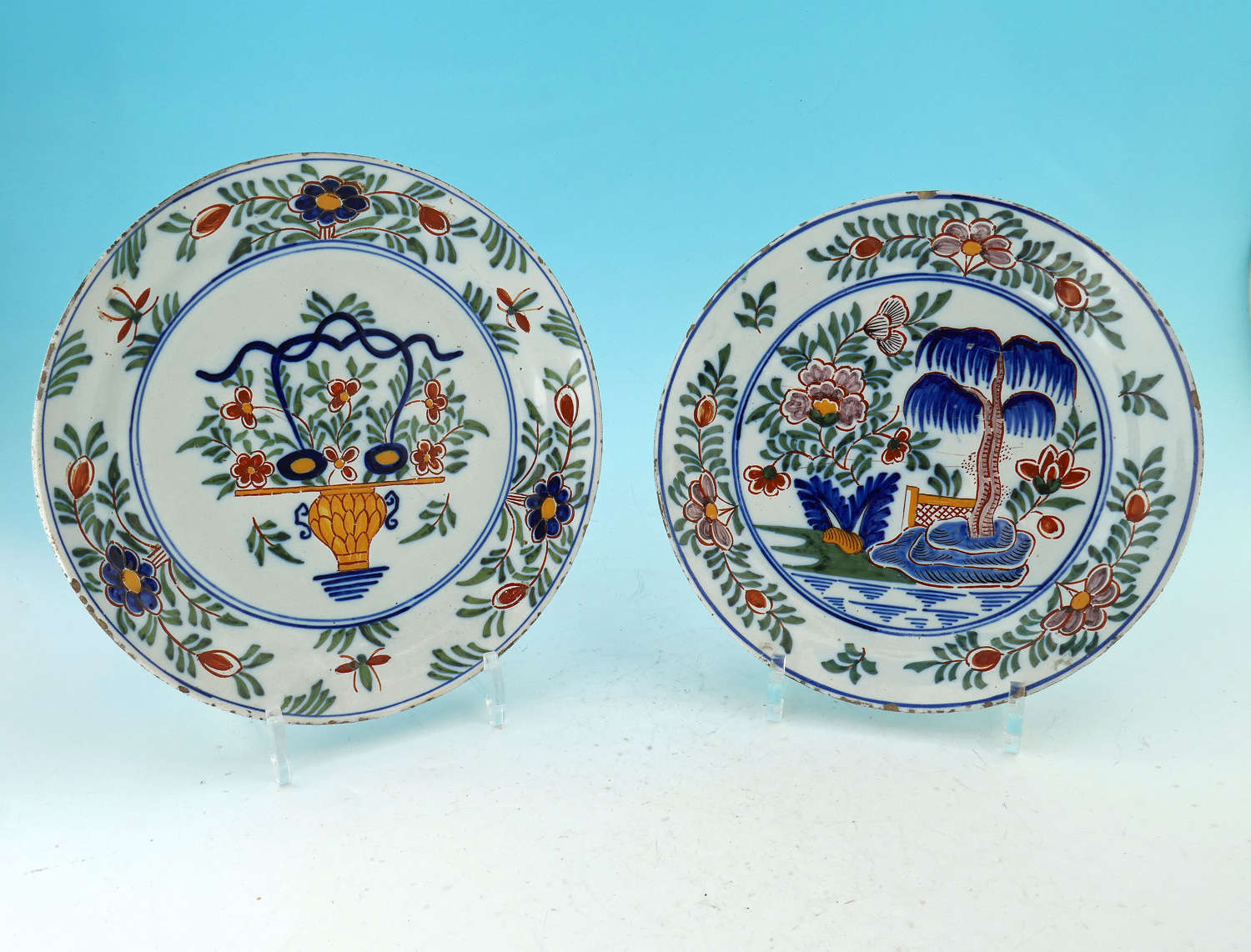 Antique Pottery Early 18thc Two Polychrome Delft Plates Marked  PK.