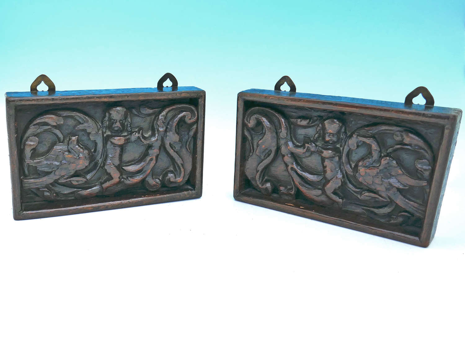 Antique Pair Of 17thc Oak Carved Panels With Cherubs And Birds.Flemish