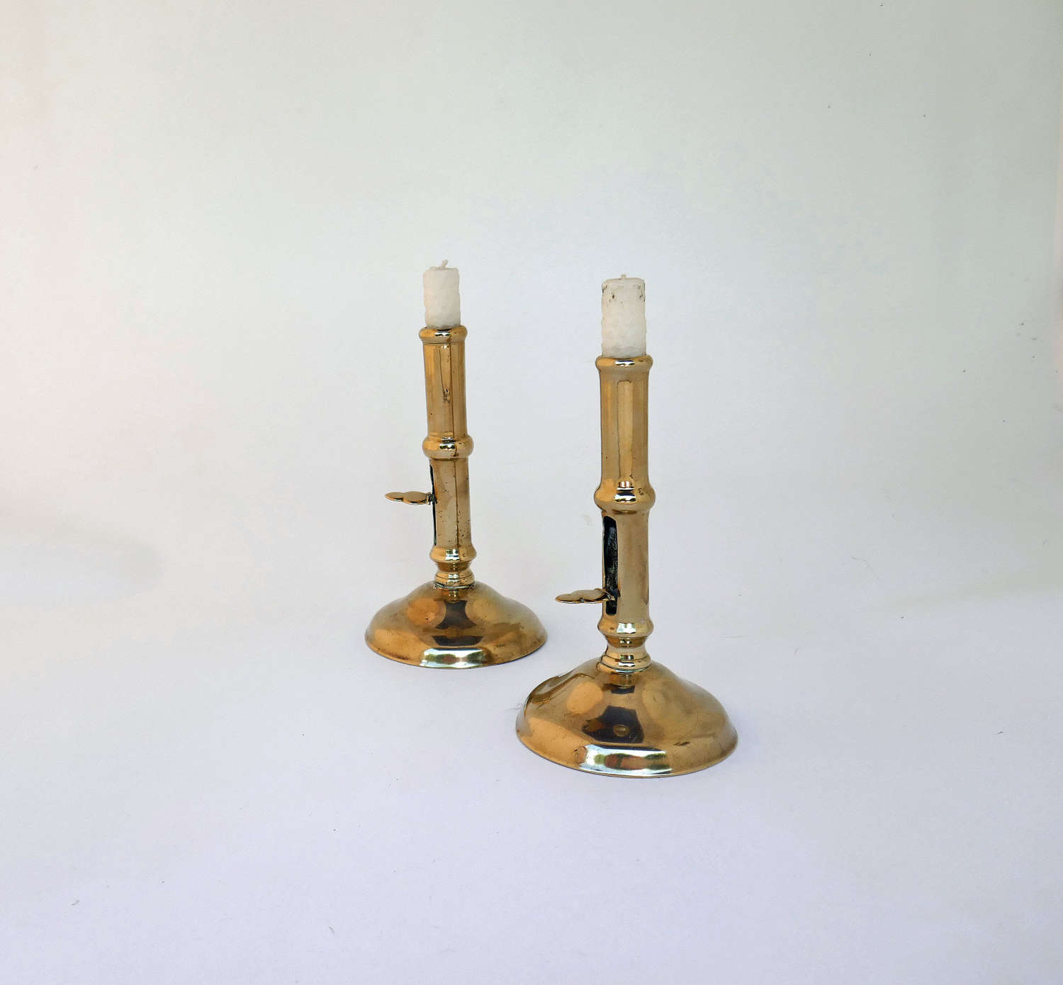 Antique Metalware Pair Of 18thc Brass Side Ejector Candlesticks.