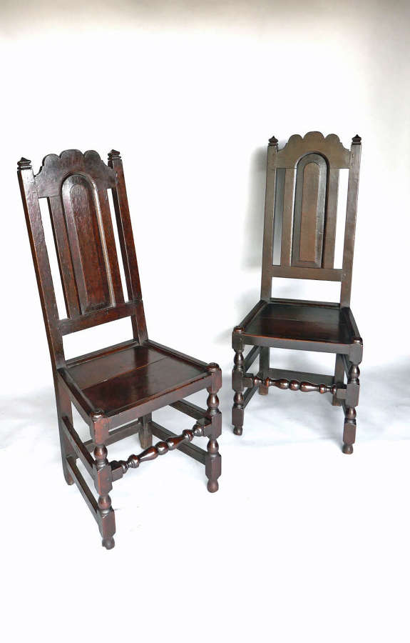 17thc Period Oak Furniture Pair Of Panel Back Chairs. English C1680
