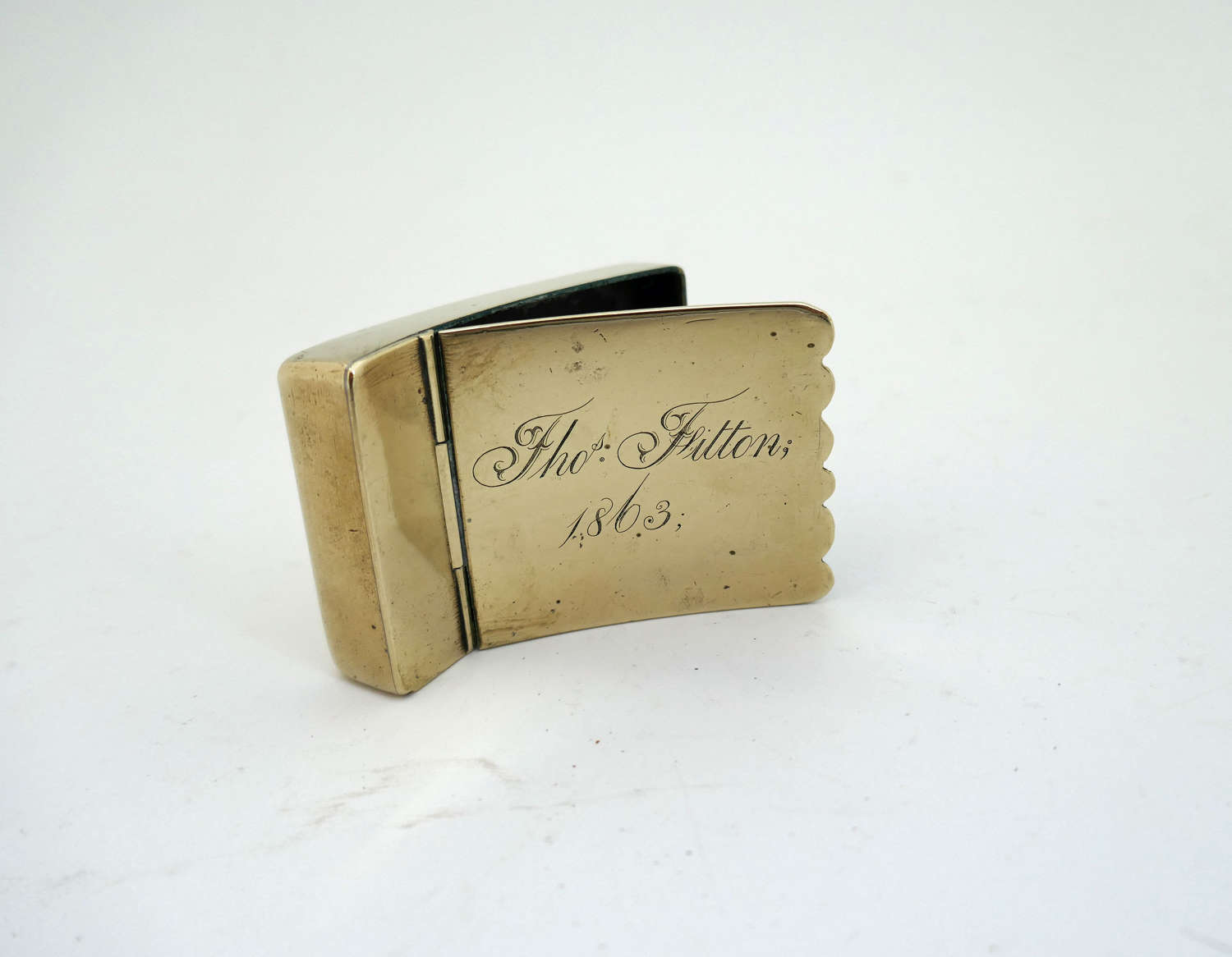 Antique Early Metalware 19thc Brass Shaped Snuff Box Dated 1863.