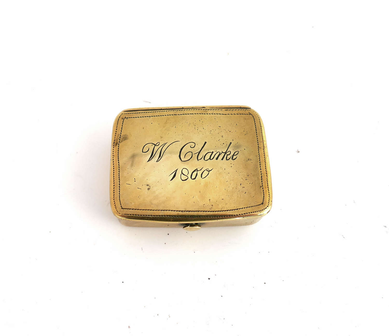 Antique Brass 19thc Snuff Box With Owners Name W Clarke - Dated 1800.
