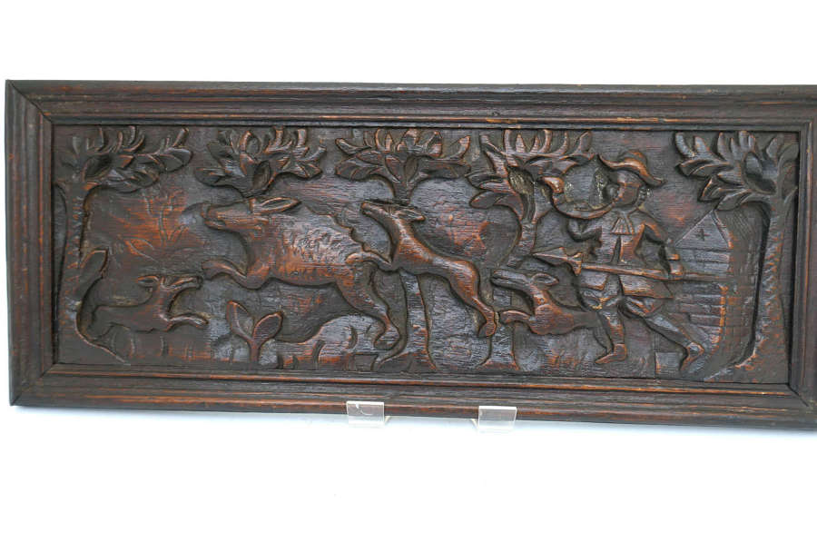 Antique 17thc Oak Carving Of A Stag Hunting Scene. Flemish C1660-80.
