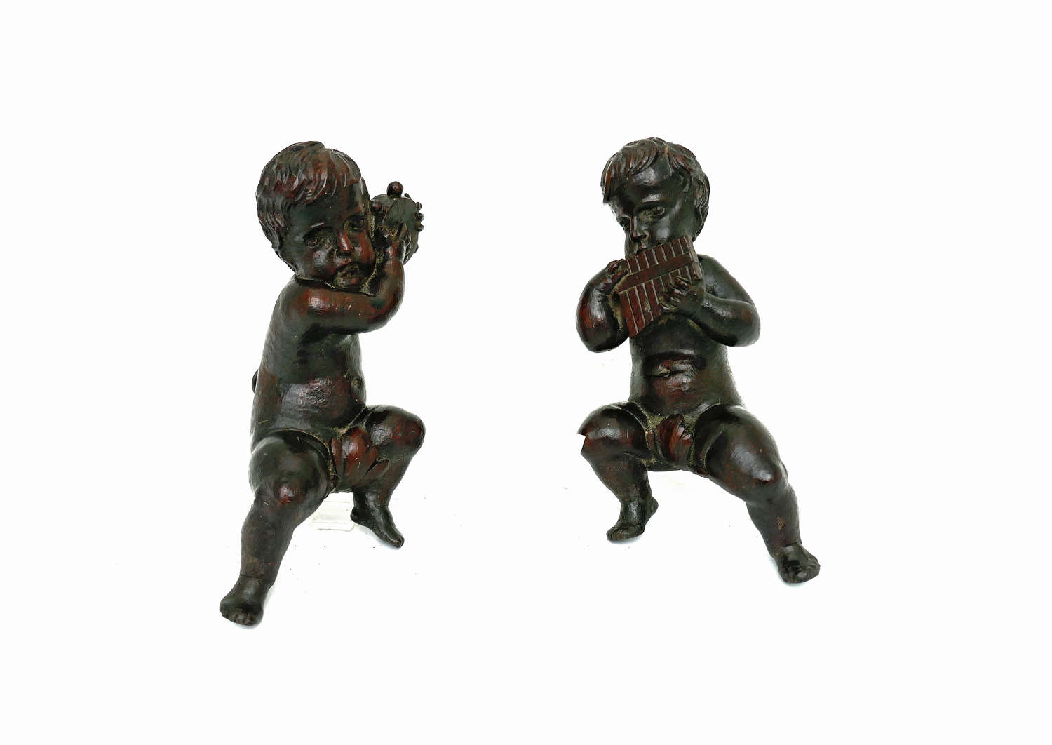 Antique Carvings 18thc Walnut Cherubs Playing Musical Instruments.