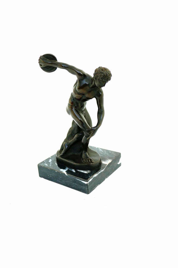 Antique Metalware 19thc Bronze Discus Thrower On Marble Stand. Italian
