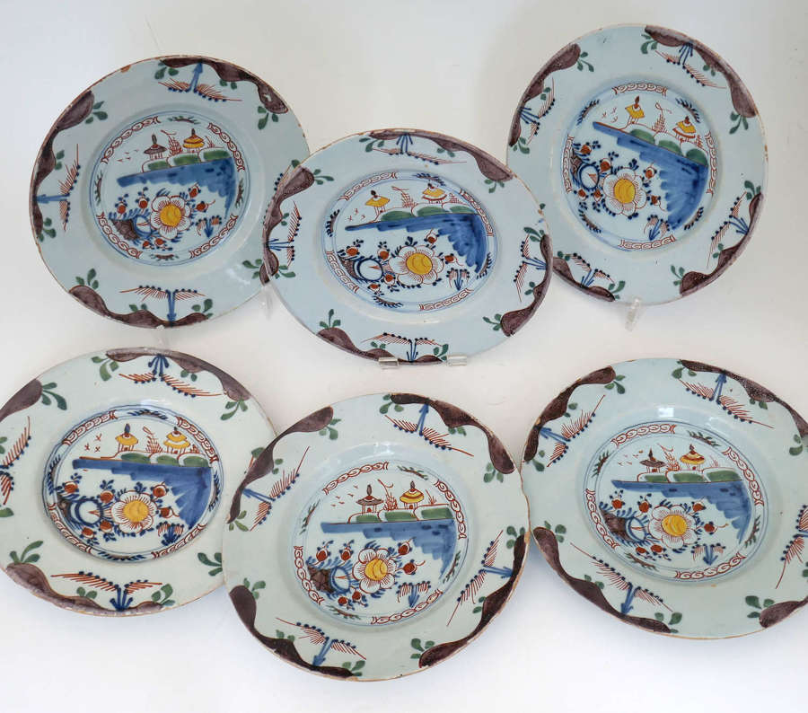 Early Antique Pottery 18thc Set Of Six Polychrome Delft Plates. Dutch.