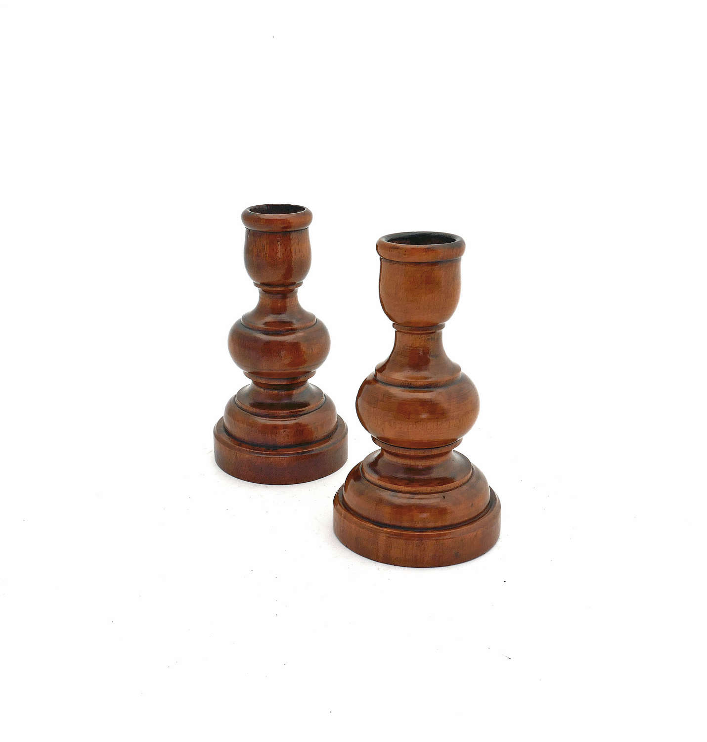 Antique Treen Early 19thc Pair Of Fruitwood Turned Candlesticks .