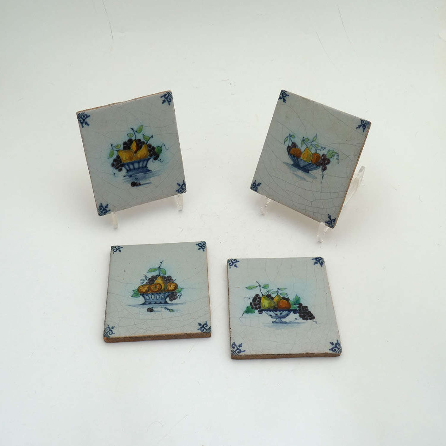 Antique 18thc Four Polychrome Delft Tiles Hand Painted With Fruit.