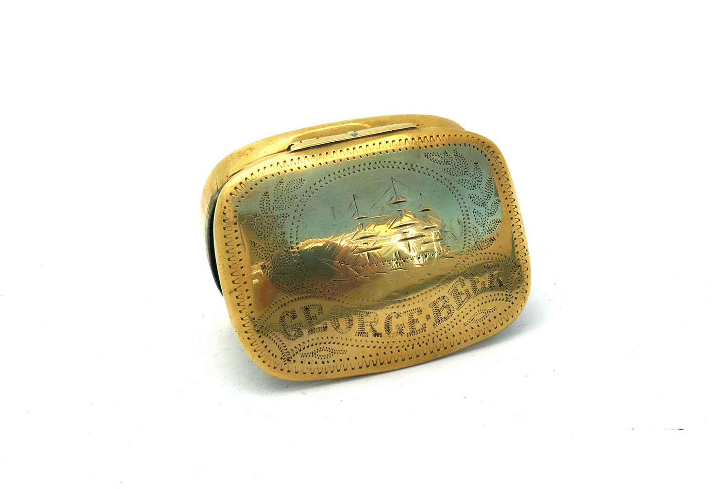 Antique Metalware 19thc Brass Sailor's Snuff Box With Ship Engraving.