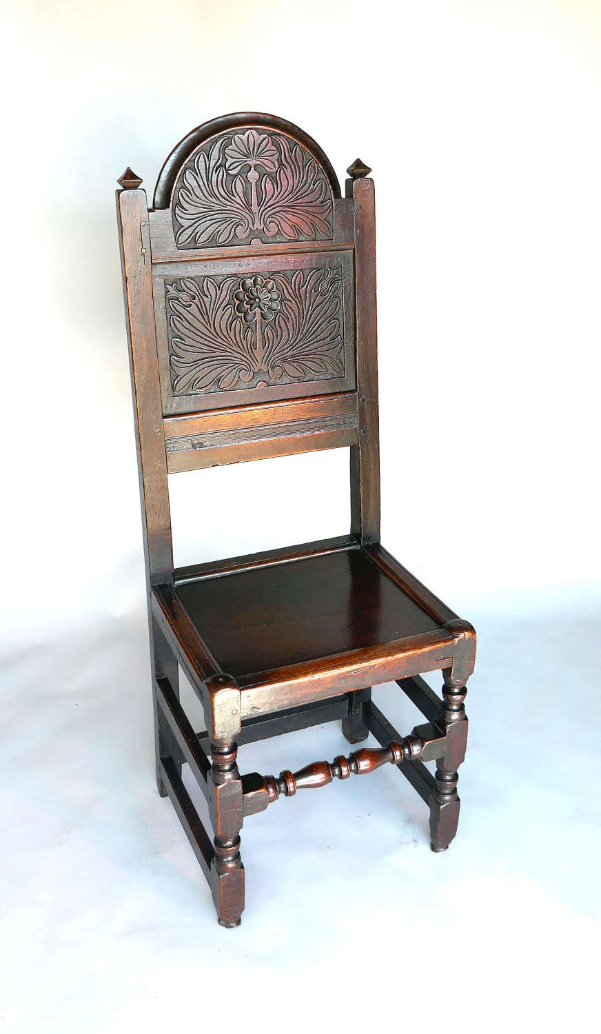 17thc Period Oak Chair With Well Carved Arched Cresting Rail.  English