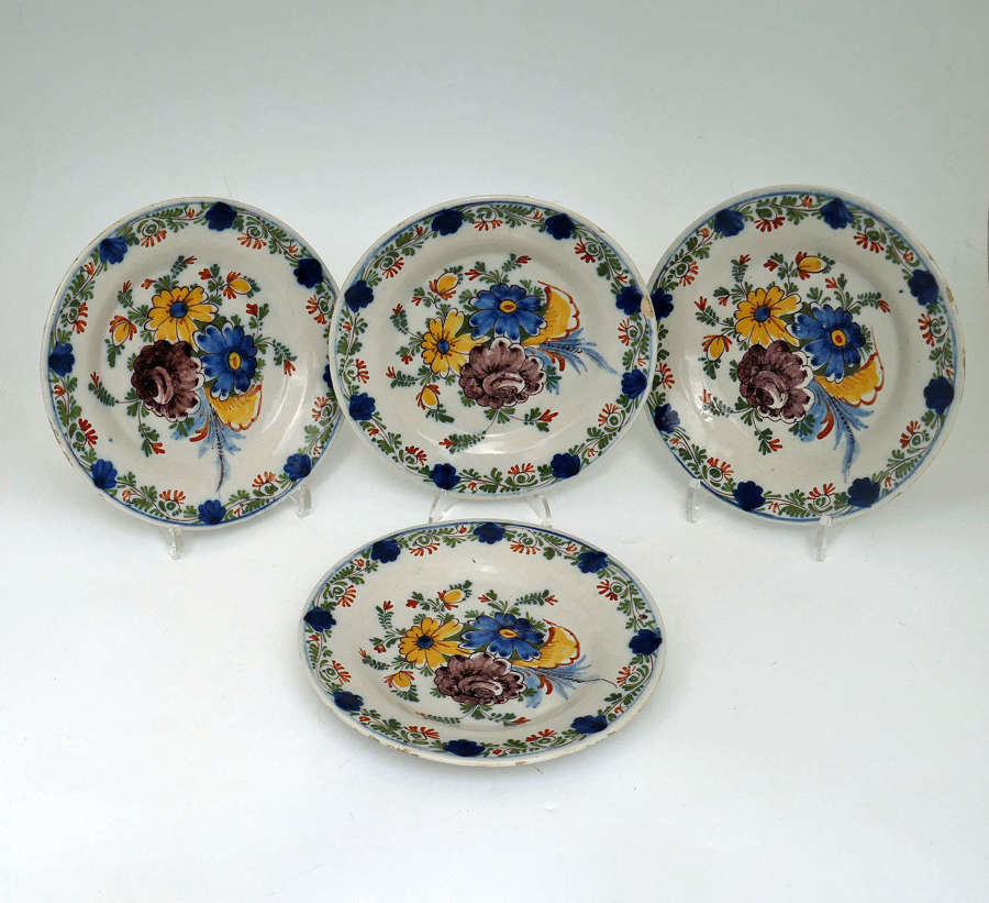 Antique Early Pottery Four 18thc  Polychrome Delft Plates. Dutch C1760