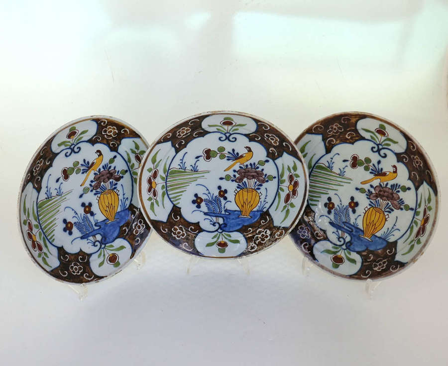 Antique Early Pottery 18thc Three Polychrome Delftware Plates.  Dutch.