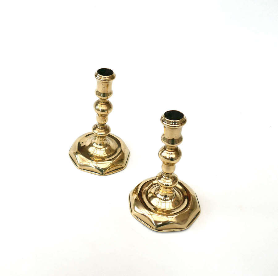 Antique Early Metalware 18thc Brass Pair Of Queen Anne Candlesticks.