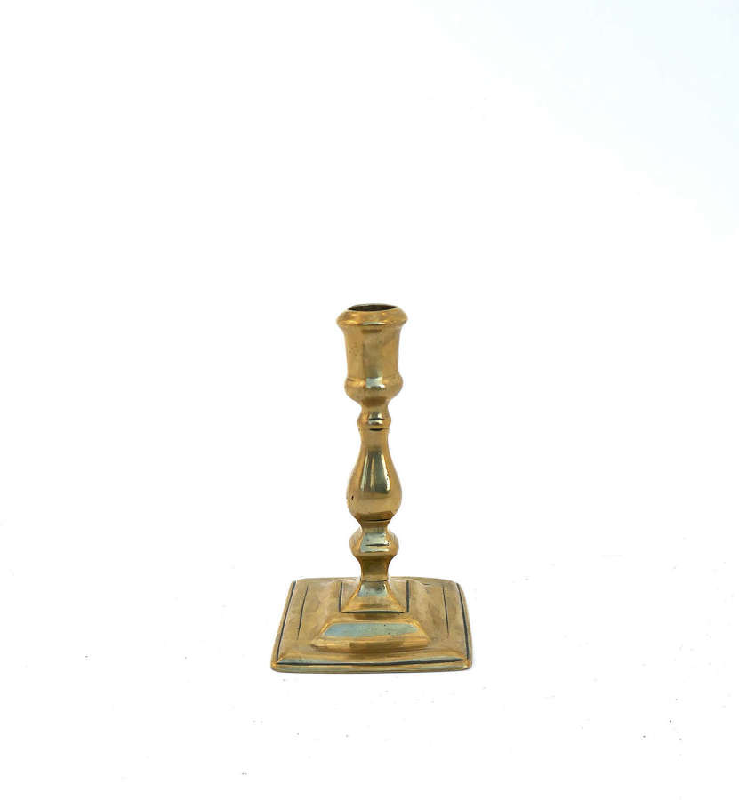 Antique Early Metalware 18thc Brass Candlestick On Square Base. C1710