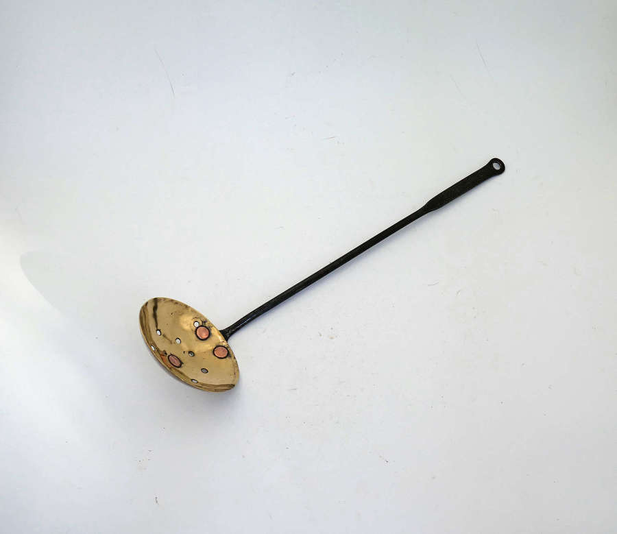 Antique Early Metalware Single 18thc Brass And Iron Straining Ladle.