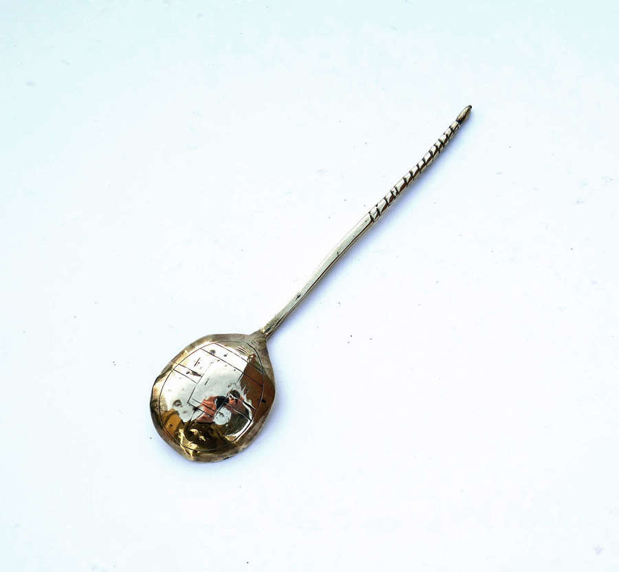 Antique Metalware 15thc Spoon With Twisted Stem & Engraved Church.