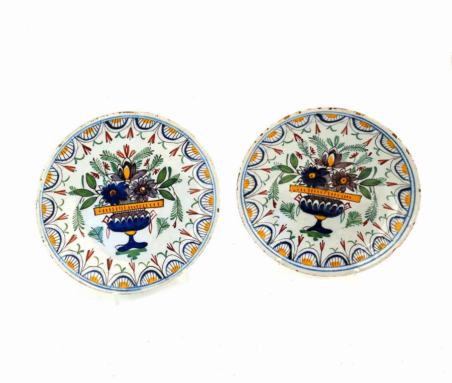Antique Early Pottery 18thc Polychrome Pair Of Delft "Pancake" Plates.