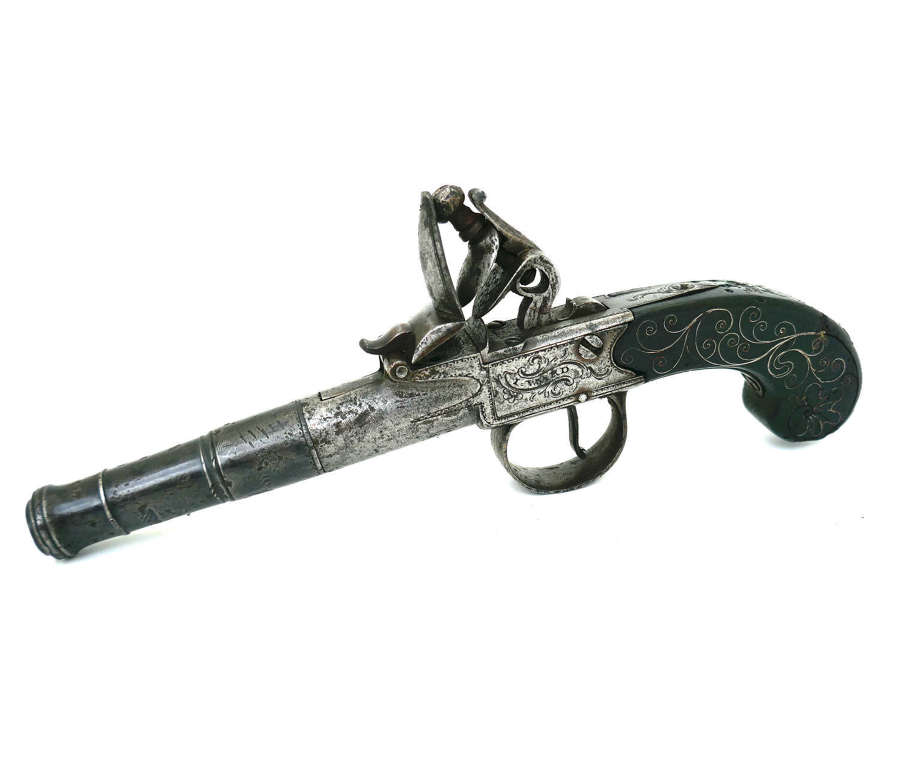 Antique 18thc Flintlock Pistol With Cannon Barrel & Silver Wire Inlay.