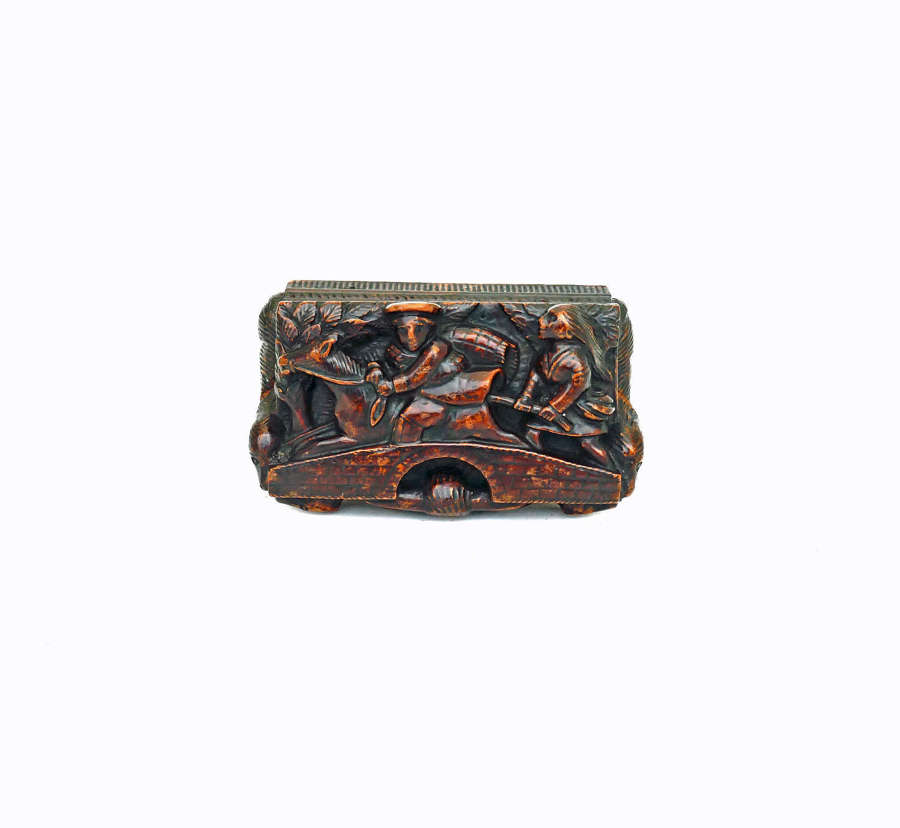 Antique Treen 19thc Sycamore Snuff Box Carved With Tam O' Shanter.