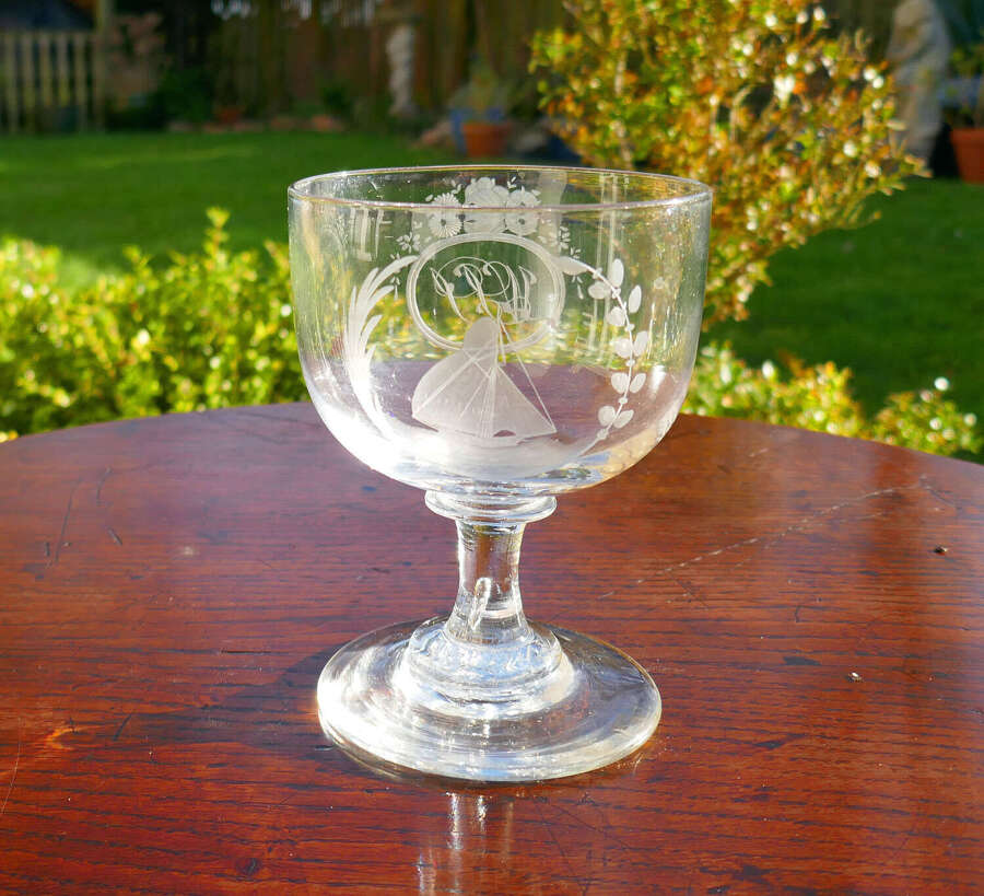 Antique Early Glass Rummer With Engraved Ship & Initials WIS. English.