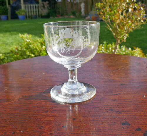 Antique Early Glass Rummer With Engraved Ship & Initials WIS. English.