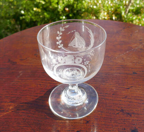 Antique Early Glass Rummer With Engraved Ship & Initials WIS. English.