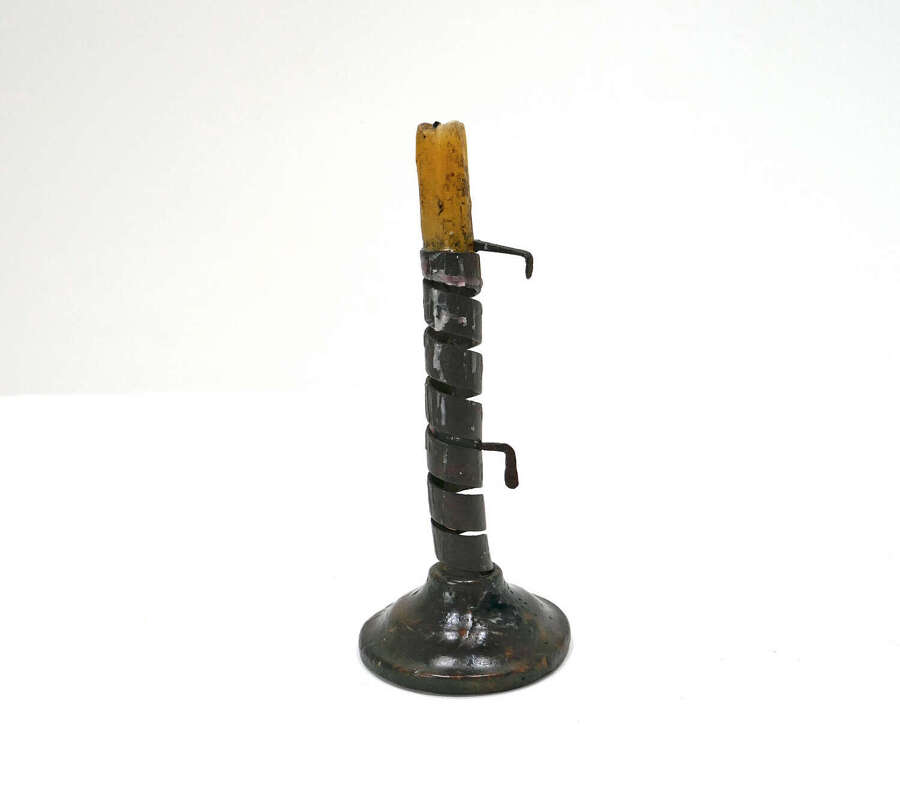 Antique Metalware 18thc Spiral Candlestick On Patinated Fruitwood Base. French C1770-90